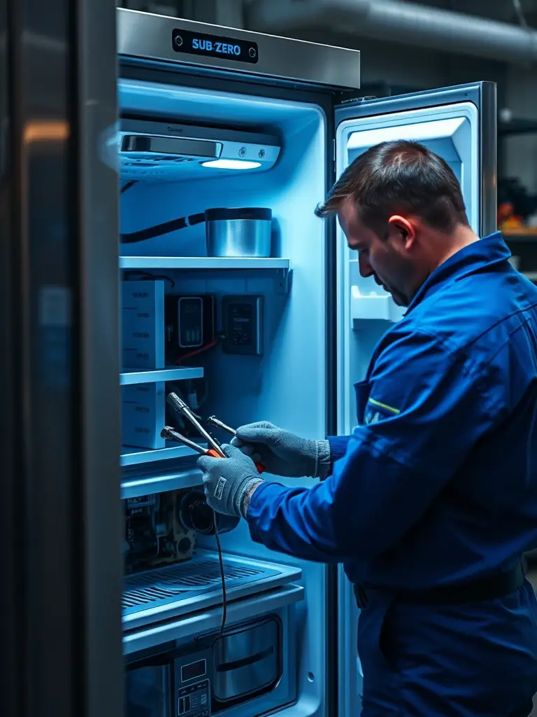 A technician working on the internal components of a Sub-Zero appliance, showcasing the precision and expertise involved in the repair process.