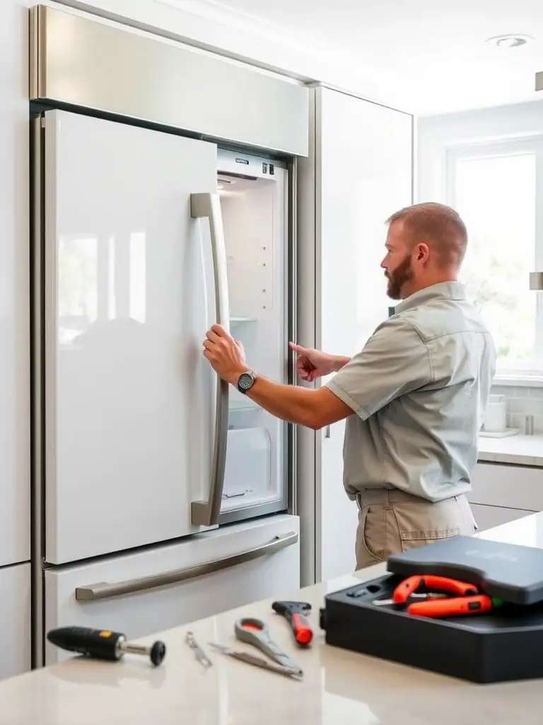 A Sub-Zero refrigerator being meticulously repaired by a certified technician in a well-lit, modern kitchen. The technician is using specialized tools, showcasing precision and expertise.