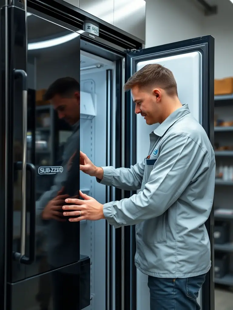 A technician working efficiently on a Sub-Zero freezer, with a focus on speed and organization. The setting is a clean, professional repair environment.