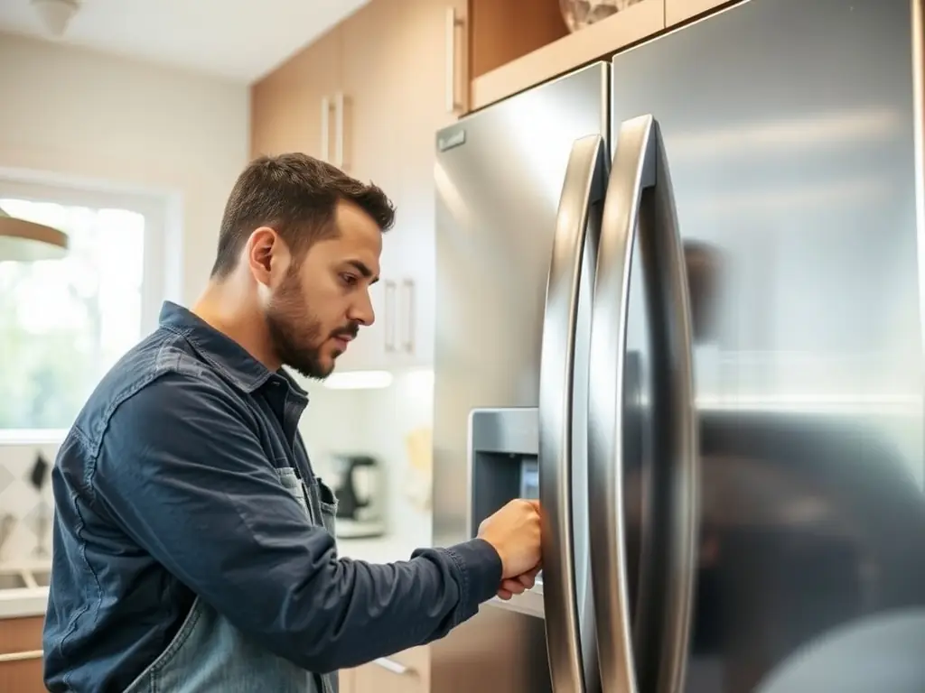 A close-up shot of a technician carefully repairing an ice maker component of a Sub-Zero appliance, emphasizing the intricate details and specialized tools used in the repair process, set in a professional workshop.