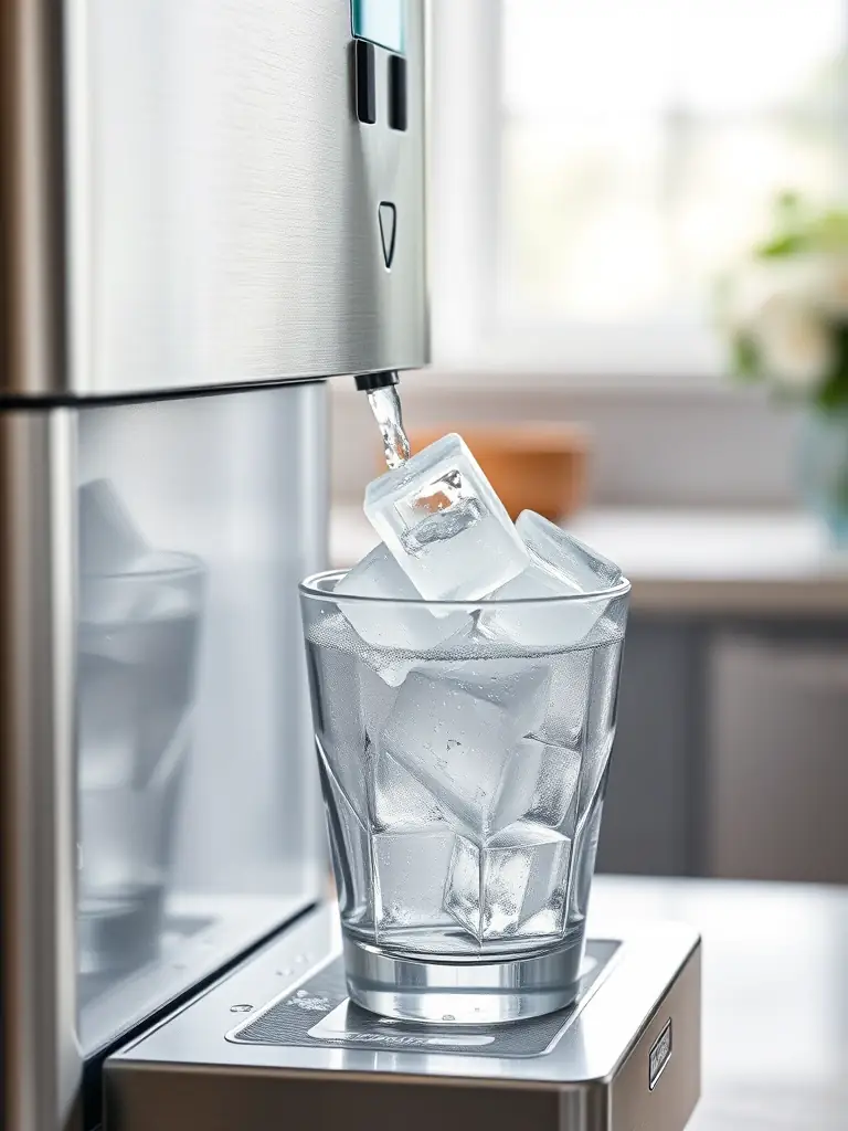 A Sub-Zero ice maker with ice cubes being dispensed, emphasizing the convenience of a functioning ice maker.