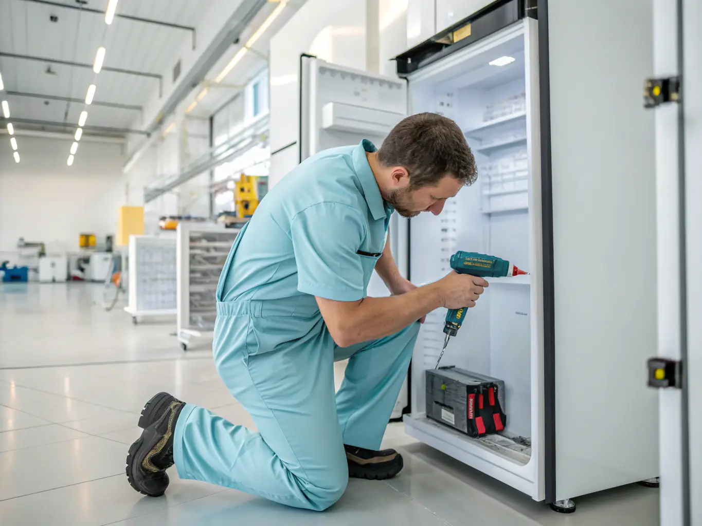 A Sub-Zero freezer with a technician carefully inspecting the internal components, highlighting the expertise involved in freezer repair.