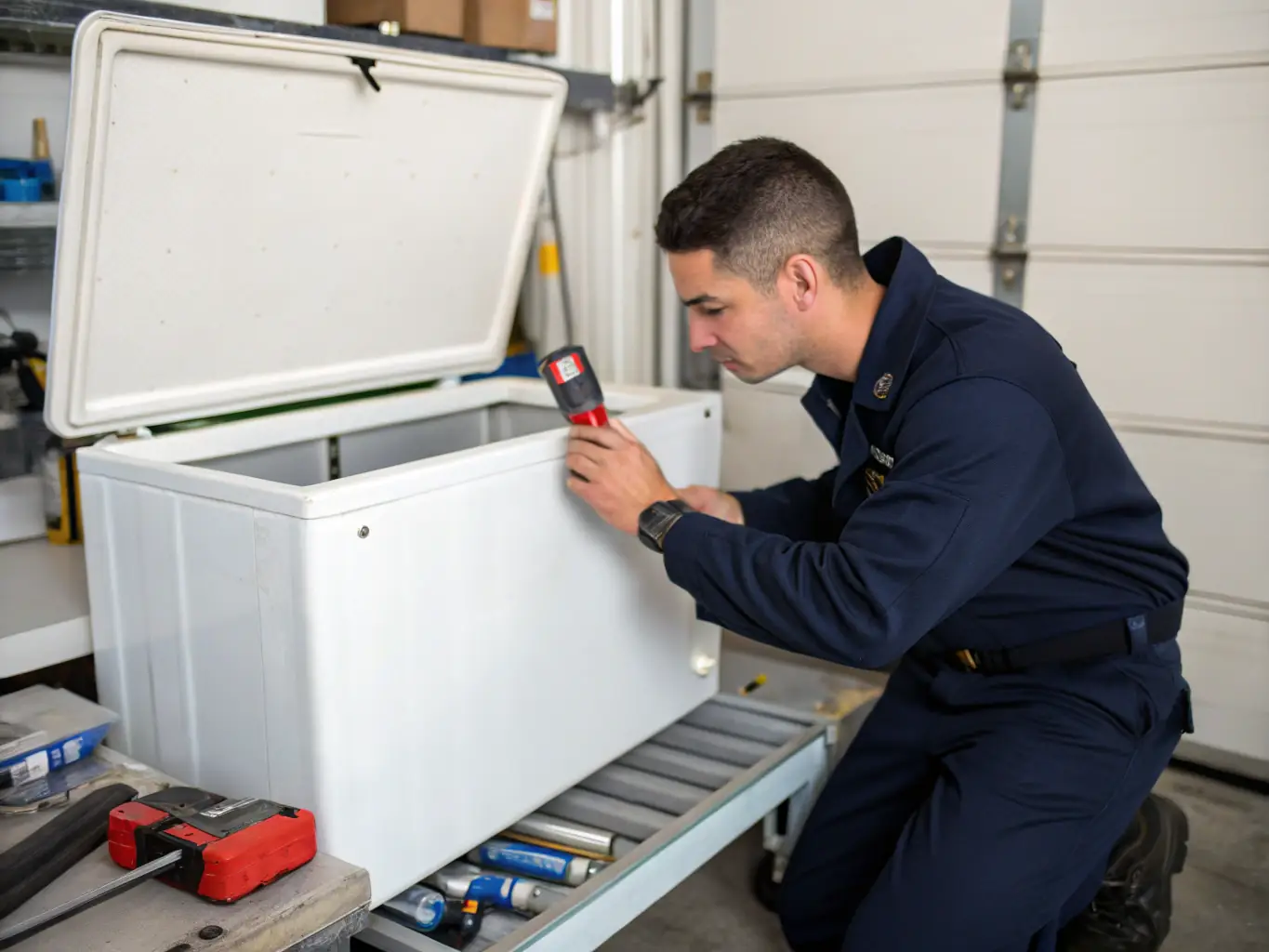 A technician is using diagnostic tools to inspect a Sub-Zero freezer, highlighting the advanced technology and precise engineering of the appliance, set in a clean, organized repair environment.