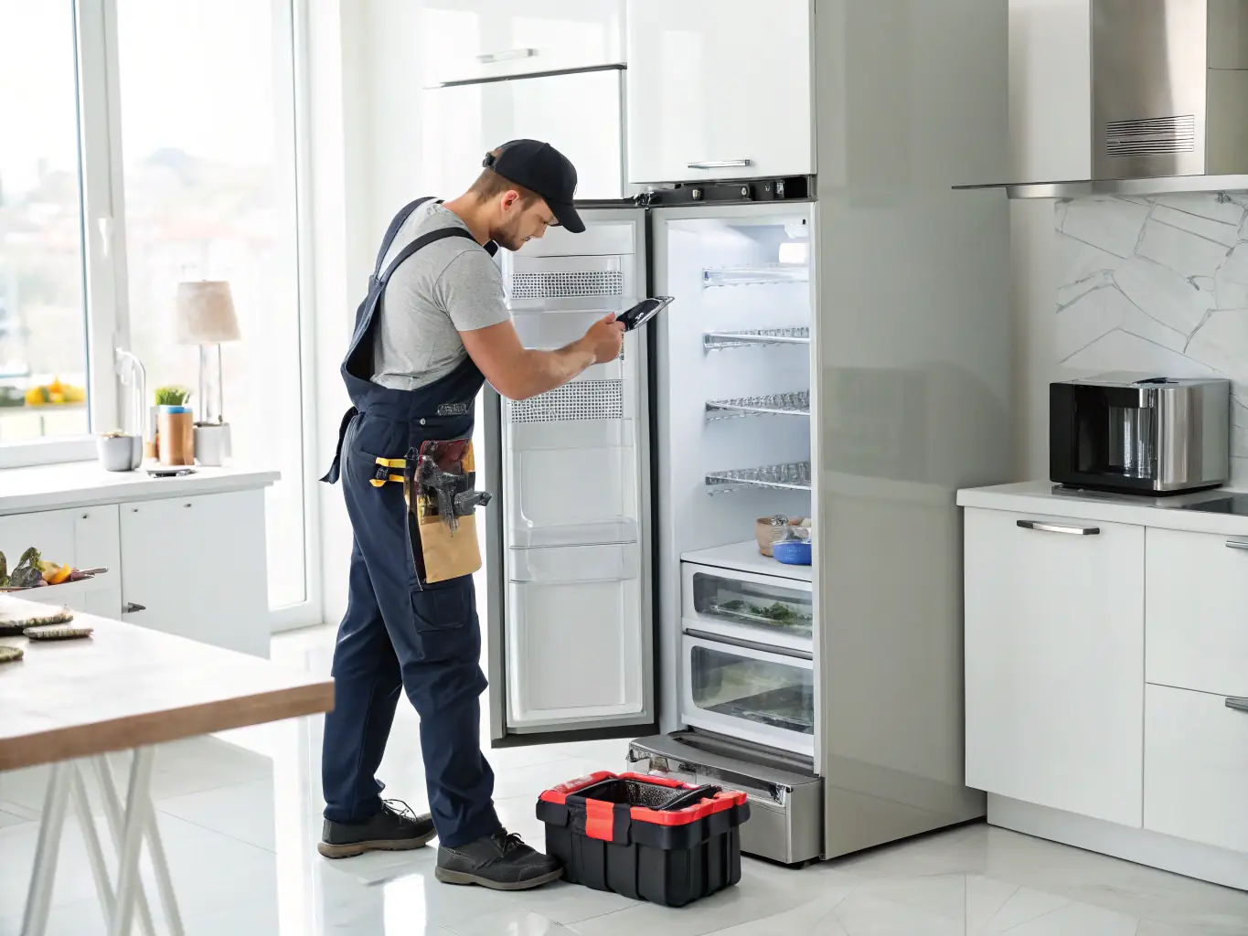 A professional technician is meticulously repairing the internal components of a Sub-Zero refrigerator, with a focus on the intricate details and high-end design of the appliance, set in a modern, well-lit kitchen.