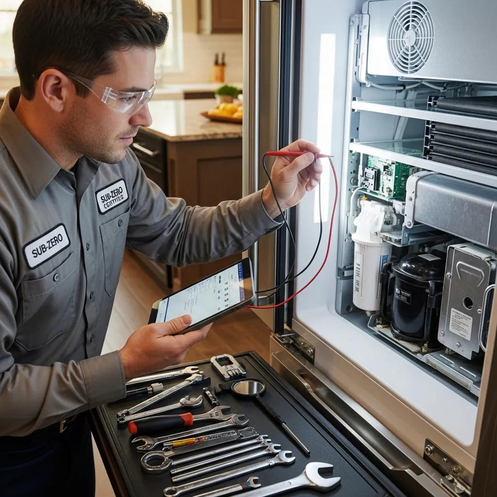 Licensed technician diagnosing a Sub-Zero refrigerator, showcasing professional appliance repair services