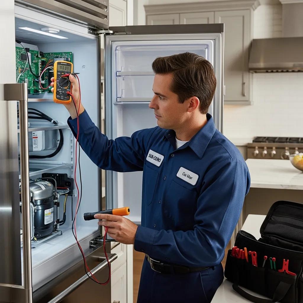 Technician diagnosing a Sub-Zero refrigerator, showcasing professional repair services