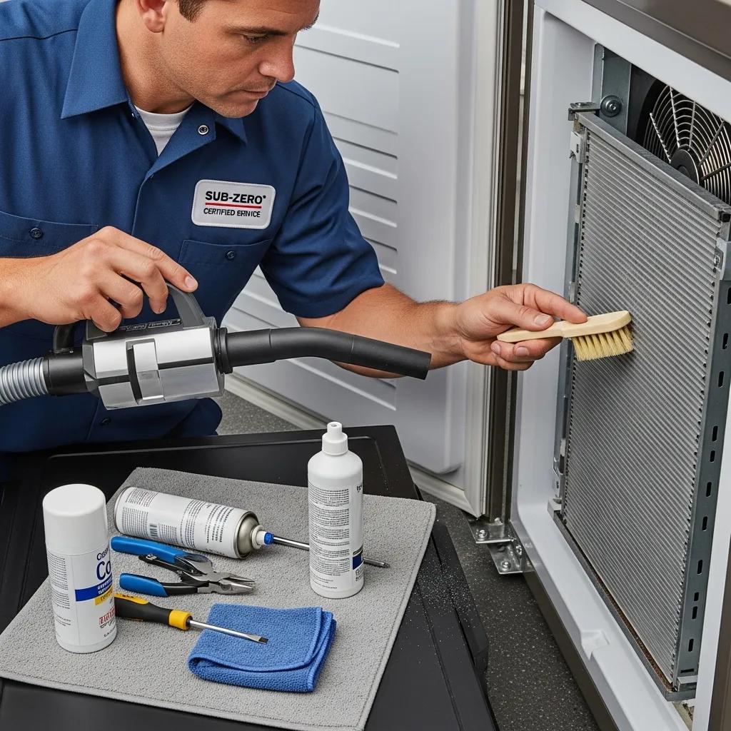 Technician performing maintenance on a Sub-Zero freezer, emphasizing diagnostic service and care