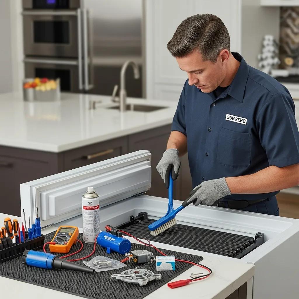 Technician performing maintenance on a Sub-Zero freezer, highlighting essential maintenance steps for appliance care